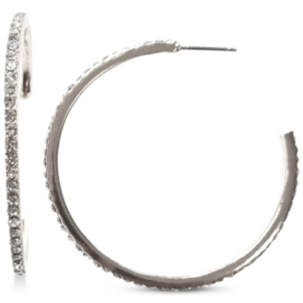 INC International Concepts silver tone crystal hoop earrings 1.78”